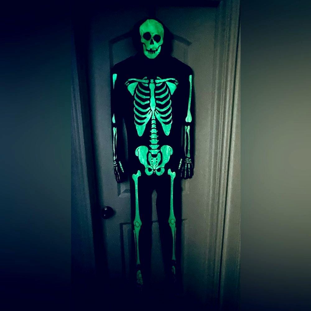 Vintage Glow-in-the-Dark Skeleton Halloween Costume, full masked bodysuit